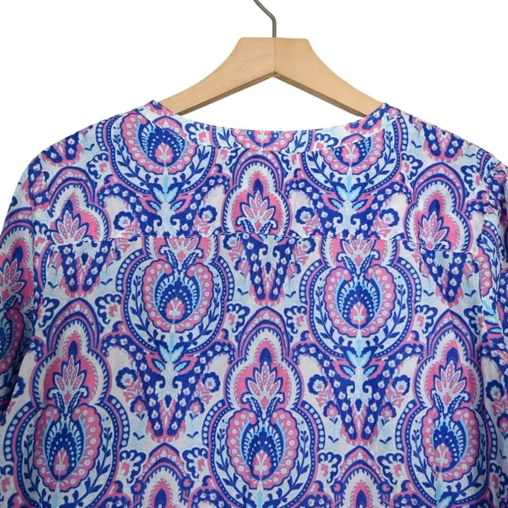 Talbots Women's XLP 3 Button Popover - Joyful Damask Top